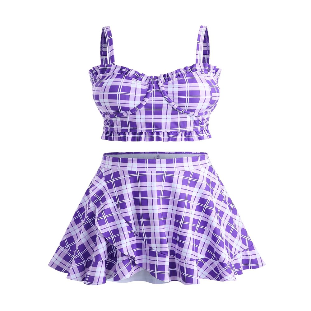 ROSE GAL Plus Size Ruffles Flounce Padded Plaid Three Piece Skirt Tankini Swimsuit(Purple/5X)