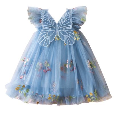 AGQT Baby Girls Tulle Dress Sleeveless Floral Butterfly Tutu Dress Toddler Girls Birthday Party Princess Dresses Casual Flower Embroidery Toddler Dresses Blue Size 12-18 Months