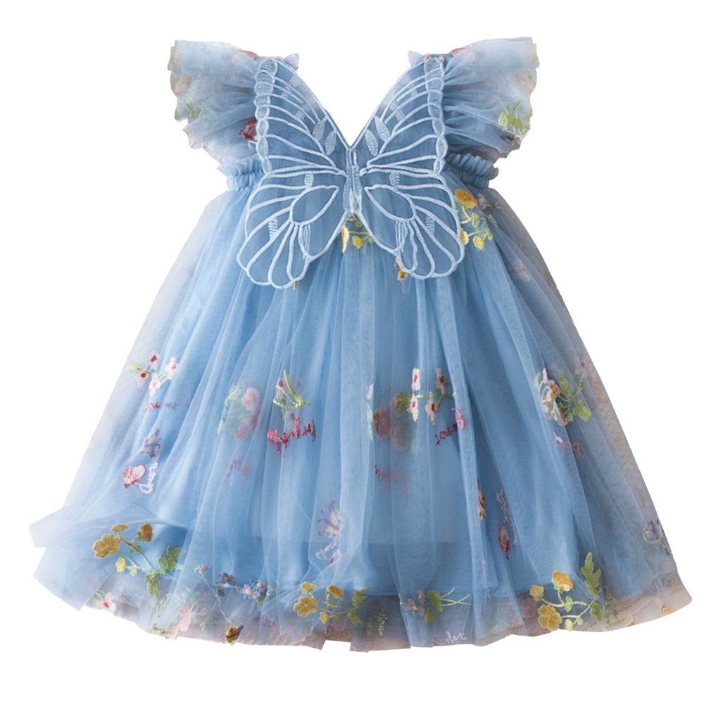 AGQT Baby Girls Tulle Dress Sleeveless Floral Butterfly Tutu Dress Toddler Girls Birthday Party Princess Dresses Casual Flower Embroidery Toddler Dresses Blue Size 12-18 Months