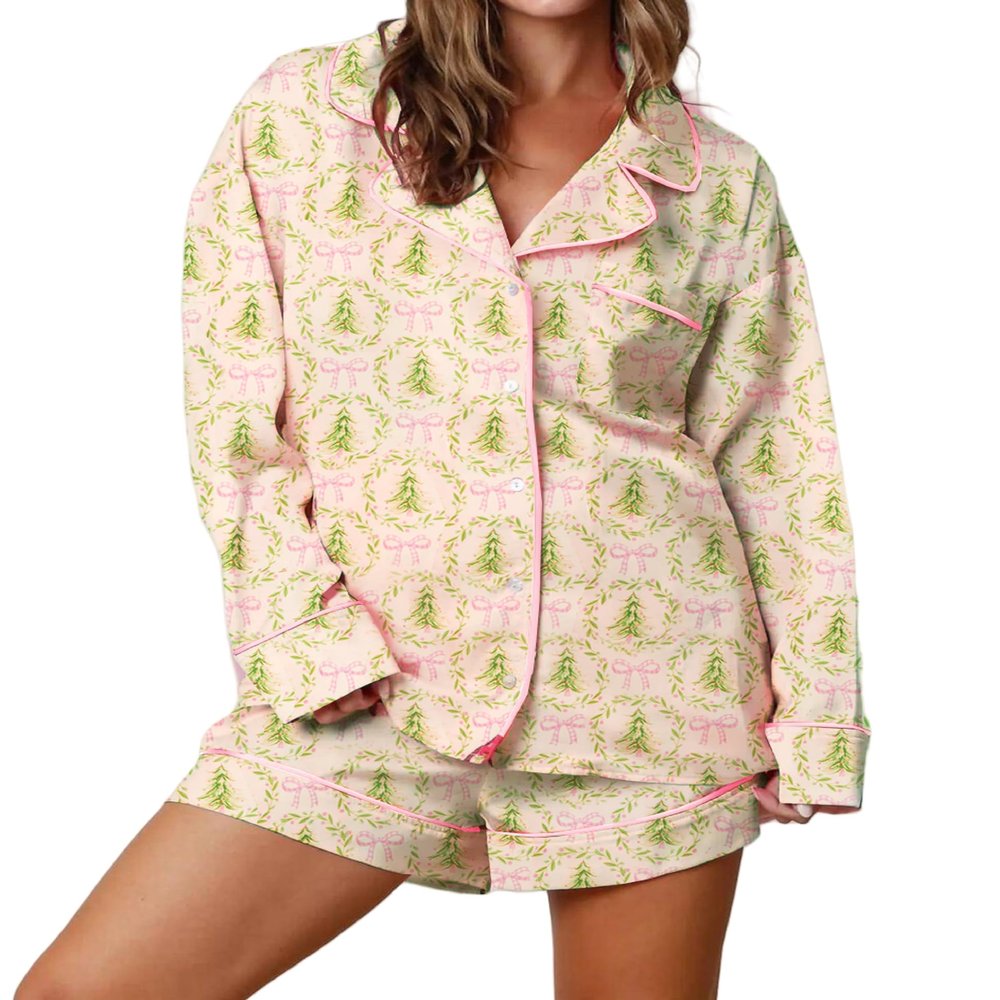 KMBANGI Women Christmas Pajama Shorts Set Santa Bow Colorful Print Christmas Tree Pjs Long Sleeve Shirt Shorts 2Piece Holiday Loungewear(Cute Tree Bow Yellow,M)