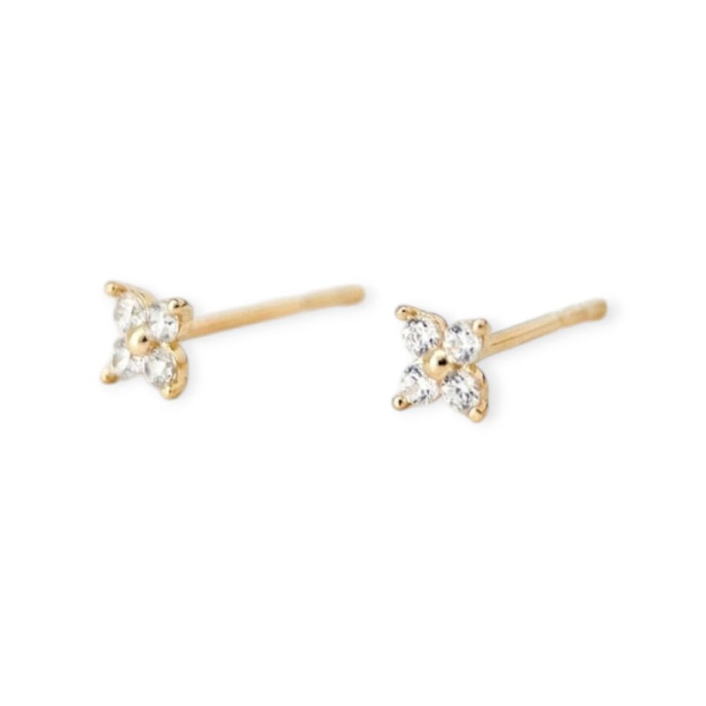 14K Solid Gold Dainty Sparkle Tiny Flower Stud Earrings, Real Solid Gold 14K CZ Diamond Floral Small Earrings, Gift for Her, SOLD AS PAIR (Rose Gold Plated)