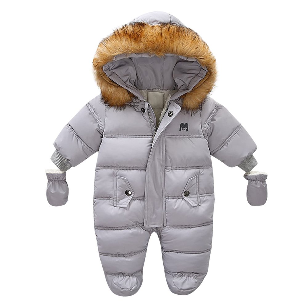 Baby Snowsuit Winter Warm Suits Coat Outwear Hooded Footie Romper Puffer Jacket Coat Clothes for Toddler Girls Boys (Grey, 6-9 Months)