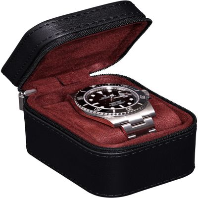 ROTHWELL Single Watch Travel Case | Compact PU Leather Protective Box with Microsuede Interior | Fits Watches & Smartwatches Up to 55mm (Black/Red)