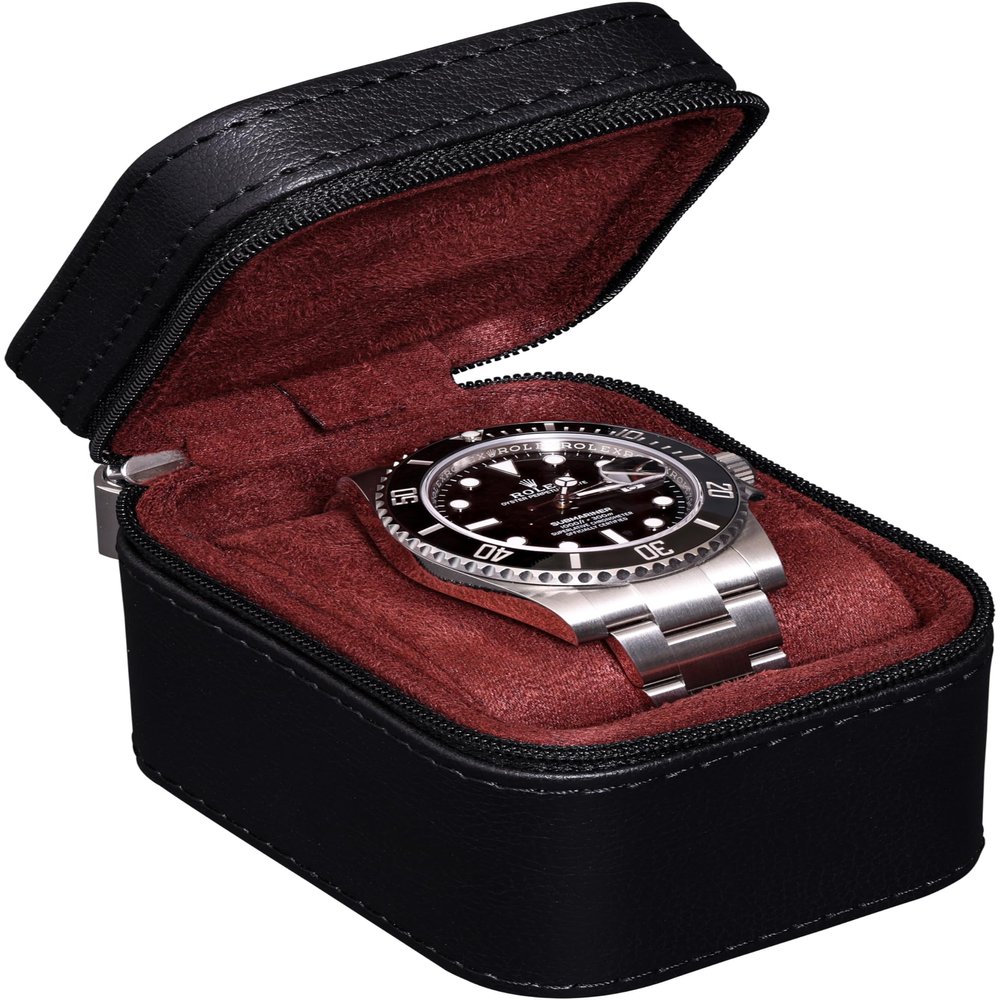 ROTHWELL Single Watch Travel Case | Compact PU Leather Protective Box with Microsuede Interior | Fits Watches & Smartwatches Up to 55mm (Black/Red)