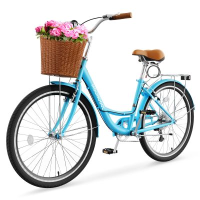 DoCred Womens Bike, 7 Speed Bike for Adults Women 24 26 inch with Ratten Basket & Rack, Beach Cruiser Bike for Women, Womens Bicycle for Commuting, Step Through City Bikes for Women Adults Ladies