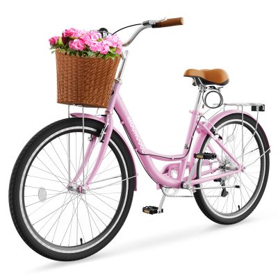 DoCred Womens Bike, 7 Speed Bike for Adults Women 24 26 inch with Ratten Basket & Rack, Beach Cruiser Bike for Women, Womens Bicycle for Commuting, Step Through City Bikes for Women Adults Ladies