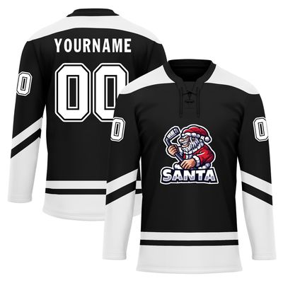 Onegam Custom Christmas Hockey Jersey for Men Women Youth, Santa Claus Ice Hockey Practice Uniform Sports Training Outfit Black White