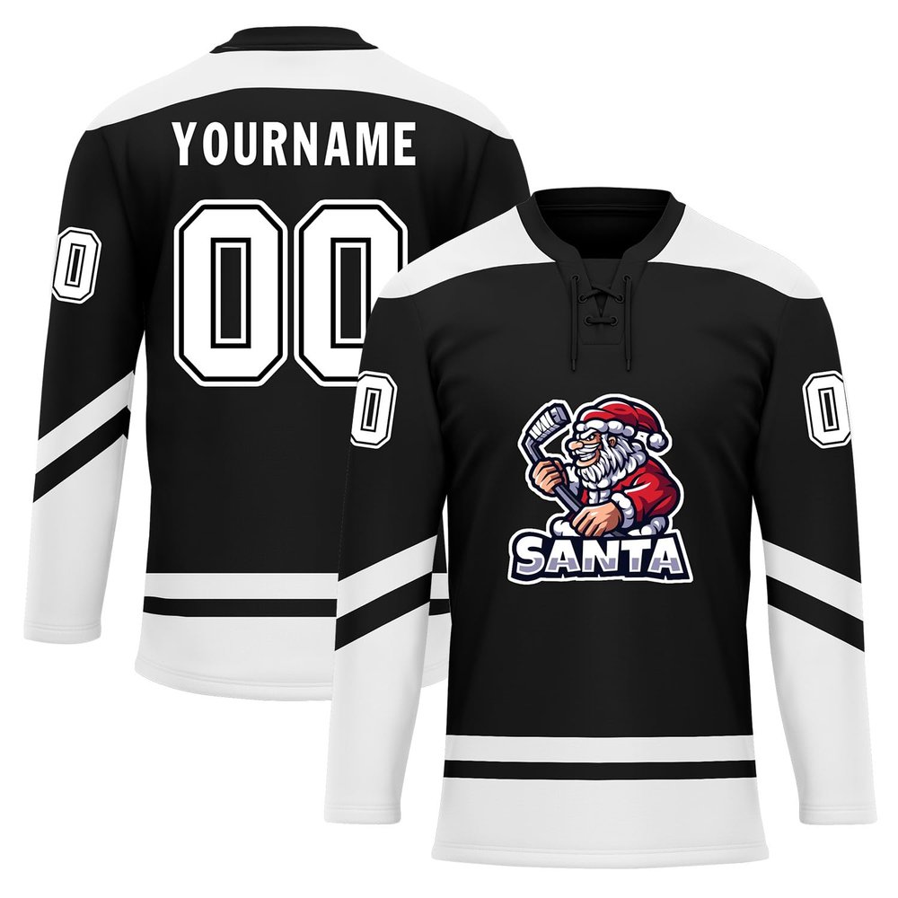 Onegam Custom Christmas Hockey Jersey for Men Women Youth, Santa Claus Ice Hockey Practice Uniform Sports Training Outfit Black White