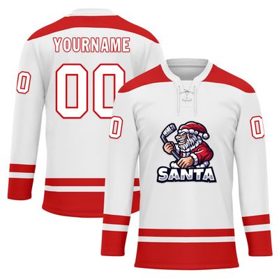 Onegam Custom Christmas Hockey Jersey for Men Women Youth, Santa Claus Ice Hockey Practice Uniform Sports Training Outfit White Red