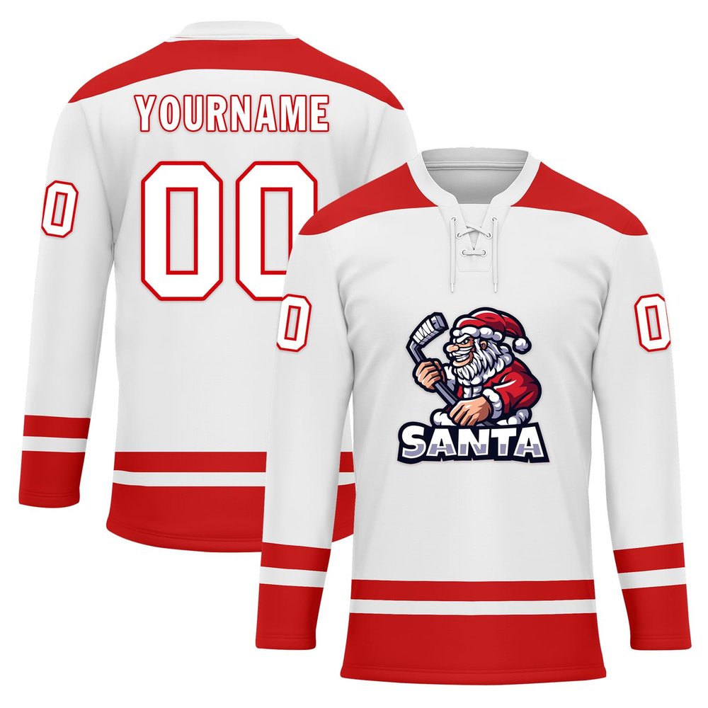 Onegam Custom Christmas Hockey Jersey for Men Women Youth, Santa Claus Ice Hockey Practice Uniform Sports Training Outfit White Red
