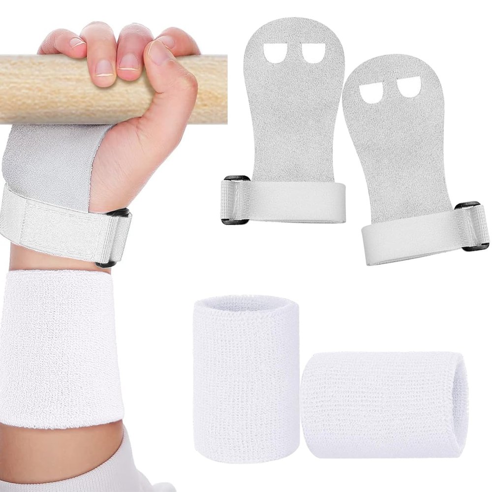 heqxwl 2PCS Gymnastics Hand Grips Gloves Wristbands, Gymnastic Hand Grips Gymnastic Bar Palm Protection and Wrist Support Sports Accessories for Boys Girls Youth Kids Workout and Exercise (White, S)