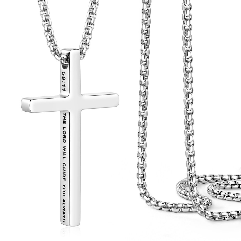 Ldurian Cross Chain for Men, ISAIAH 58:11 Holy Bible Quote Mens Cross Necklaces Inspirational Bible Verse Pendant Guys Necklaces, 24inch Stainless Steel Religious Christian Religious Gifts