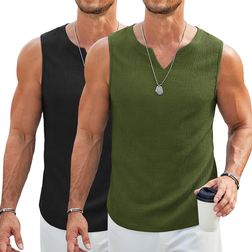 COOFANDY Men's Casual Tank Shirts Pack Knit Sleeveless Top V Neck Tank Top Men Beach Summer Tank Loose Fit XL Black/Army Green