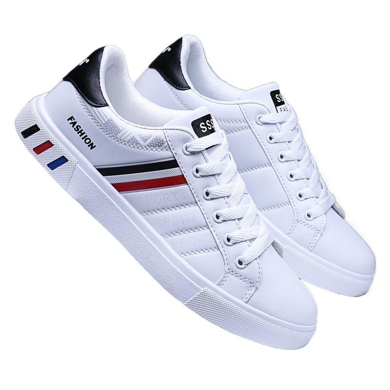 Clolinde Plus Size Men's Trendy Street Style Low Top Skateboard Shoes, Comfy Non Slip Lace Up Durable Sneakers for Men's Outdoor Activities (White Red,10.5)