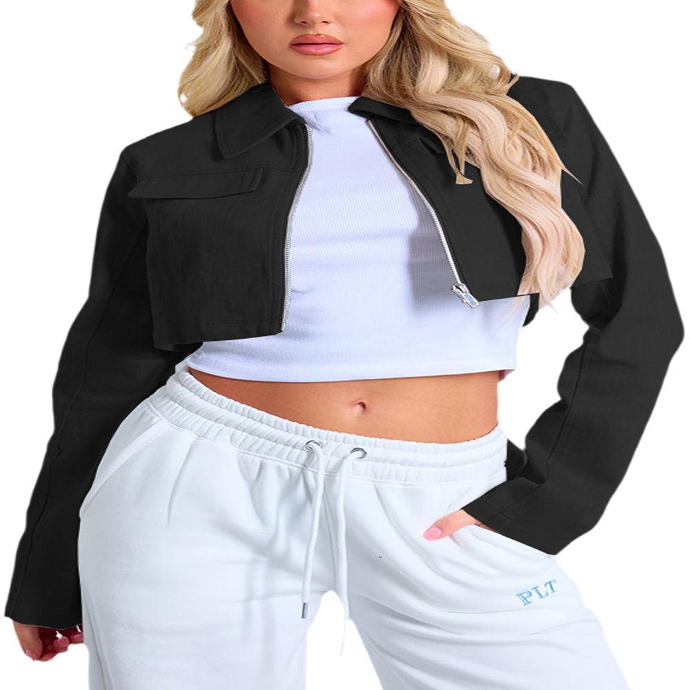 RomMoon Women's Cropped Jacket Casual Zip Up Long Sleeve Lapel Crop Tops Jackets Coat