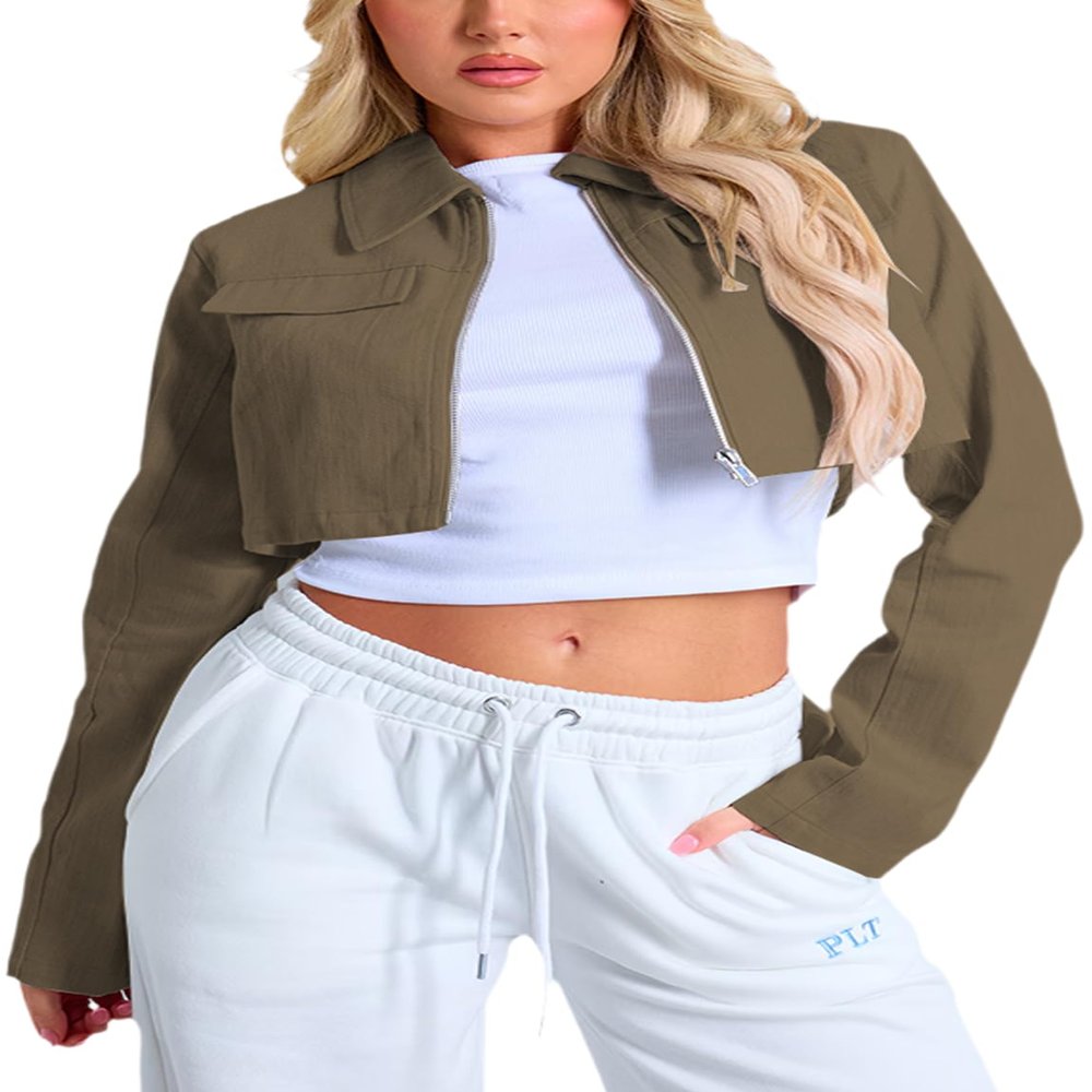 RomMoon Women's Cropped Jacket Casual Zip Up Long Sleeve Lapel Crop Tops Jackets Coat