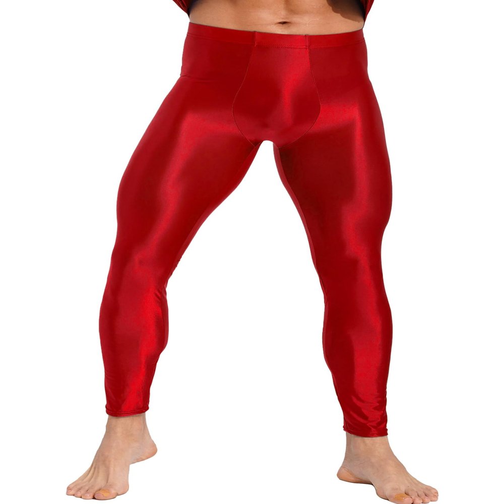 Riismen Mens Glossy Athletic Compression Pants Skinny Leggings for Yoga Running Gym Fitness Workout Burgundy Medium