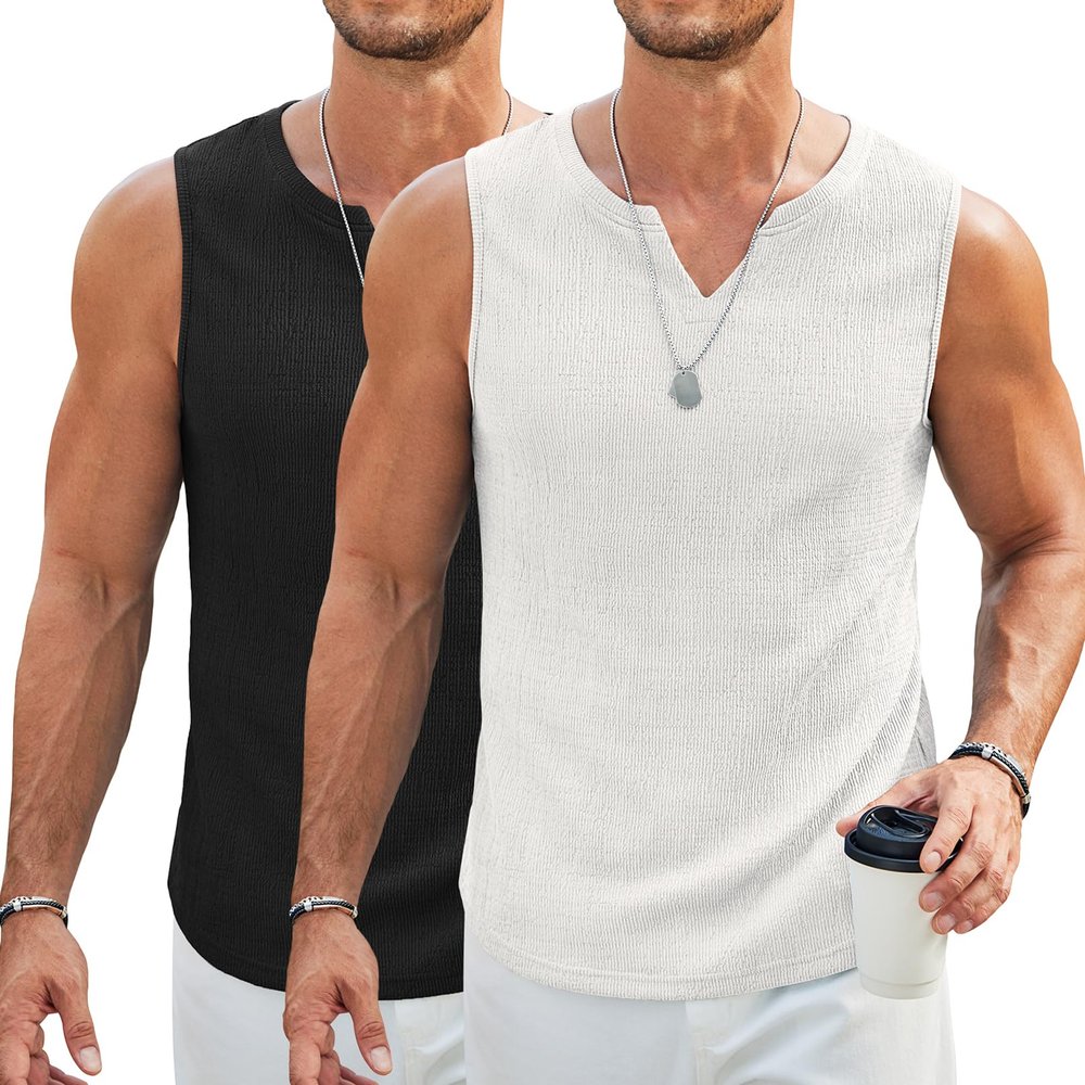 COOFANDY Mens Casual Tank Tops 2 Pack Fashion Summer Sleeveless Tees Lightweight Mens Solid Knit Tank Top S Black/White