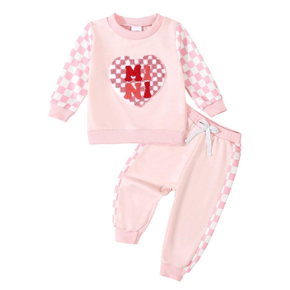 BeQeuewll Baby Girl Valentines Day Outfit Long Sleeve Heart Checkerboard Print Sweatshirt Plaid Pants 2Pcs Valentine Clothes (Mini Pink, 0-6 Months)