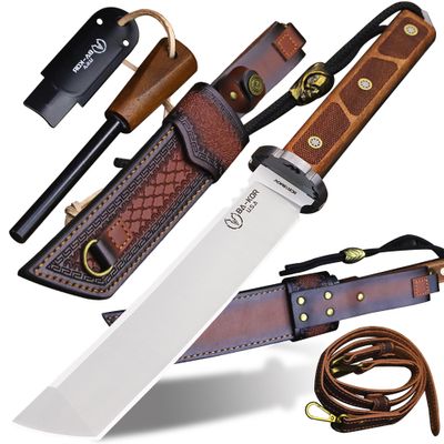 BA-KOR 7mm 9CR18MOV steel (15.6IN) sandalwood handle full Tang fixed knife+scabbard+(single shoulder strap)&(5.9IN) cerium igniter, suitable for outdoor hunting, camping, survival, EDC tool knife