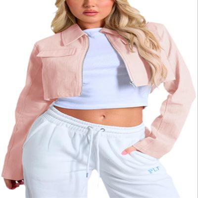 RomMoon Women's Cropped Jacket Casual Zip Up Long Sleeve Lapel Crop Tops Jackets Coat
