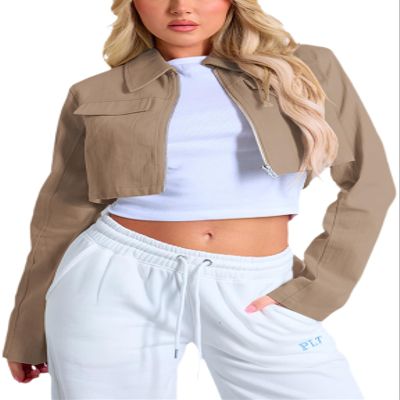 RomMoon Women's Cropped Jacket Casual Zip Up Long Sleeve Lapel Crop Tops Jackets Coat