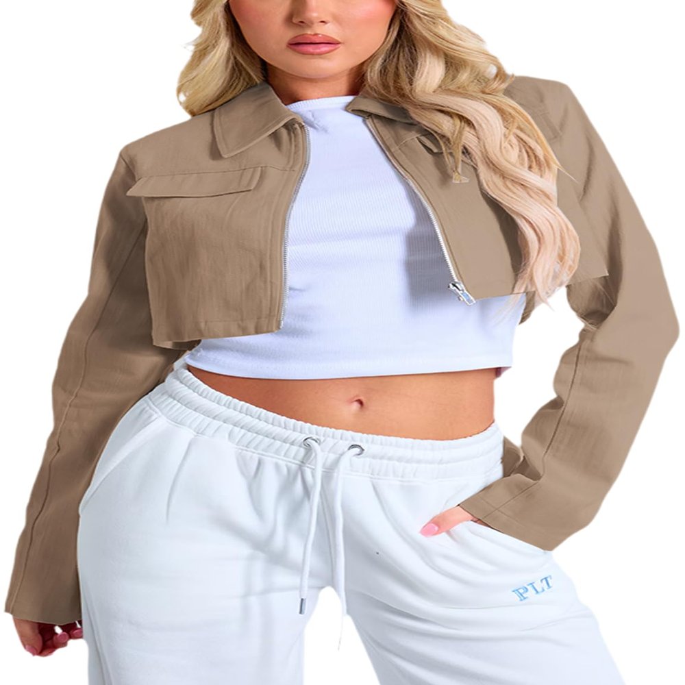 RomMoon Women's Cropped Jacket Casual Zip Up Long Sleeve Lapel Crop Tops Jackets Coat