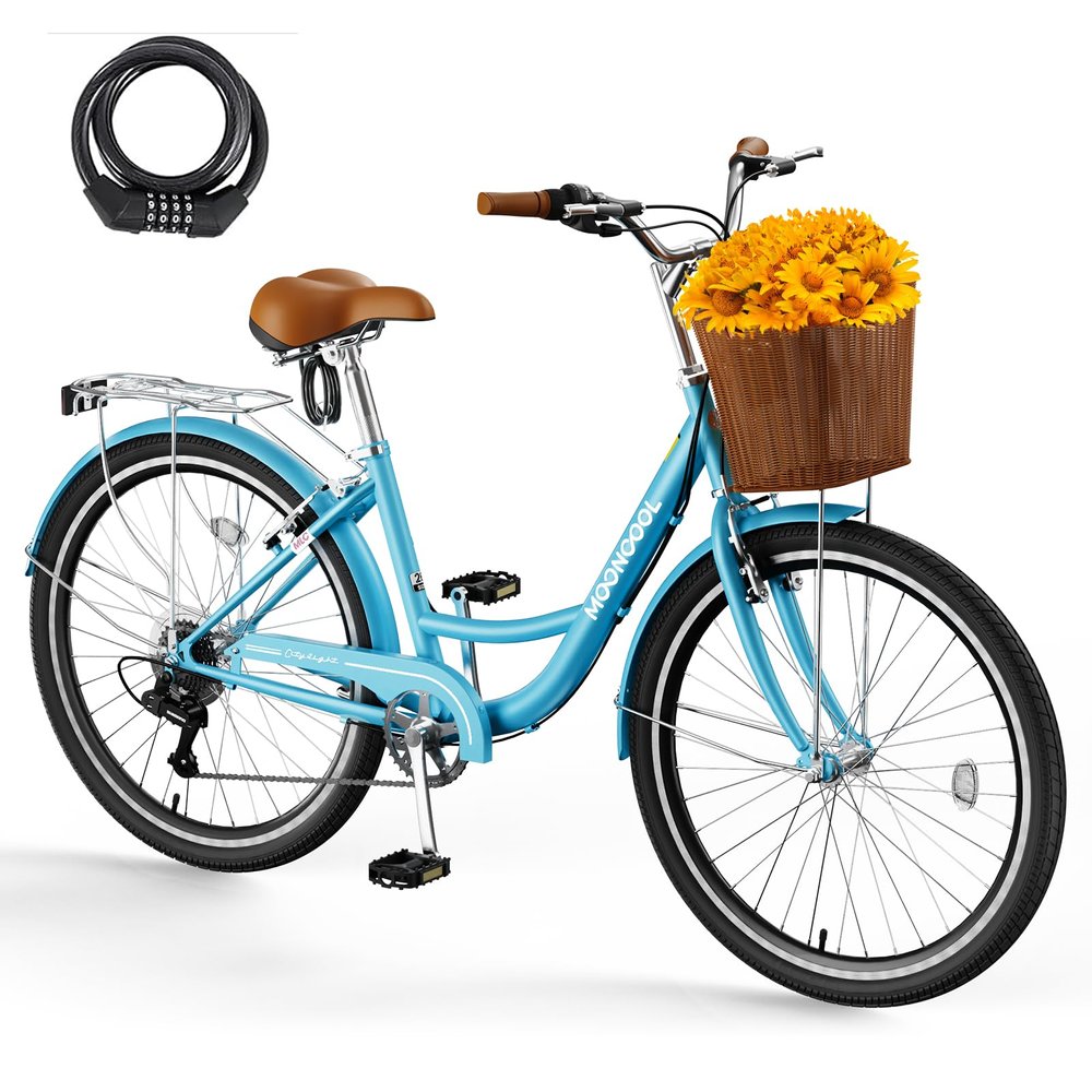 Mosener 26 Inch Women's Bike, 7 Speed Bicycle for Women with Basket & Lock, Beach Complete Cruiser Bike for Women, Womens Commuter Bicycle Lightweight City Bikes for Adults Ladies, Blue