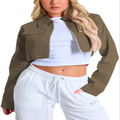 RomMoon Women's Cropped Jacket Casual Zip Up Long Sleeve Lapel Crop Tops Jackets Coat