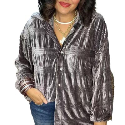 2024 New Women's Shirred Velvet Button Down Top, Velvet Button Down Top, Velvet, Comfy and Cute,Champagne Gray,L