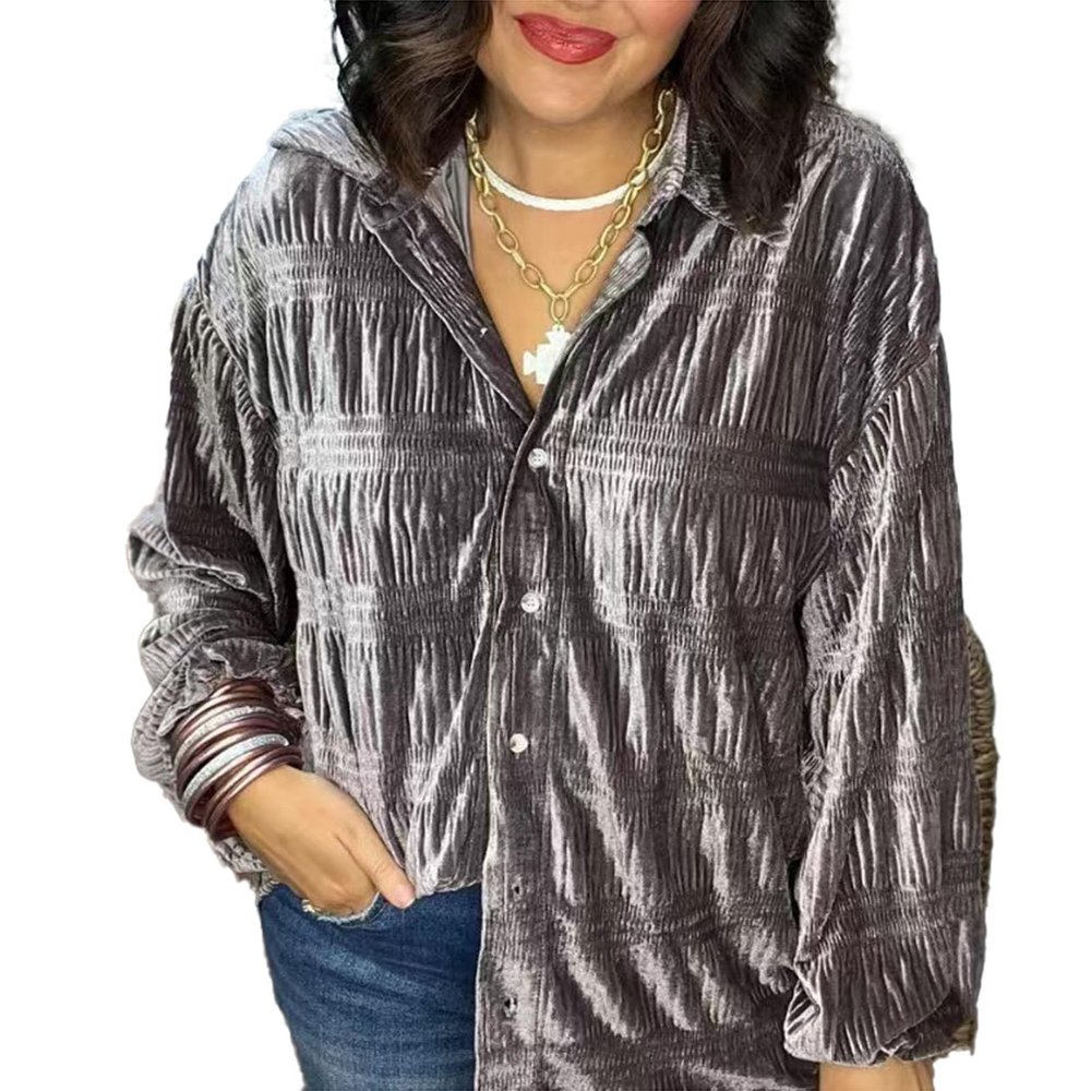 2024 New Women's Shirred Velvet Button Down Top, Velvet Button Down Top, Velvet, Comfy and Cute,Champagne Gray,L