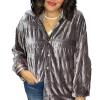2024 New Women's Shirred Velvet Button Down Top, Velvet Button Down Top, Velvet, Comfy and Cute,Champagne Gray,L view 1