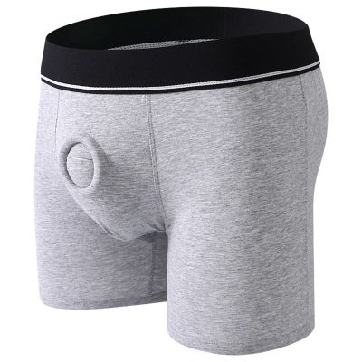Men's Sexy Open Front Ring Boxer Briefs Hollow Pouch Trunks Underwear Cut Out Bikini Trunks Men's Undie Grey