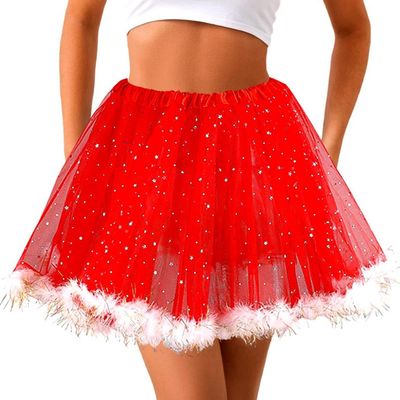 Aiosy Christmas Tutu Skirt Tulle Tutus Women 3 Layered Tutu Skirts Sparkly Stars Skirt Fluffy Edge Tutus Skirts for Women (Red)