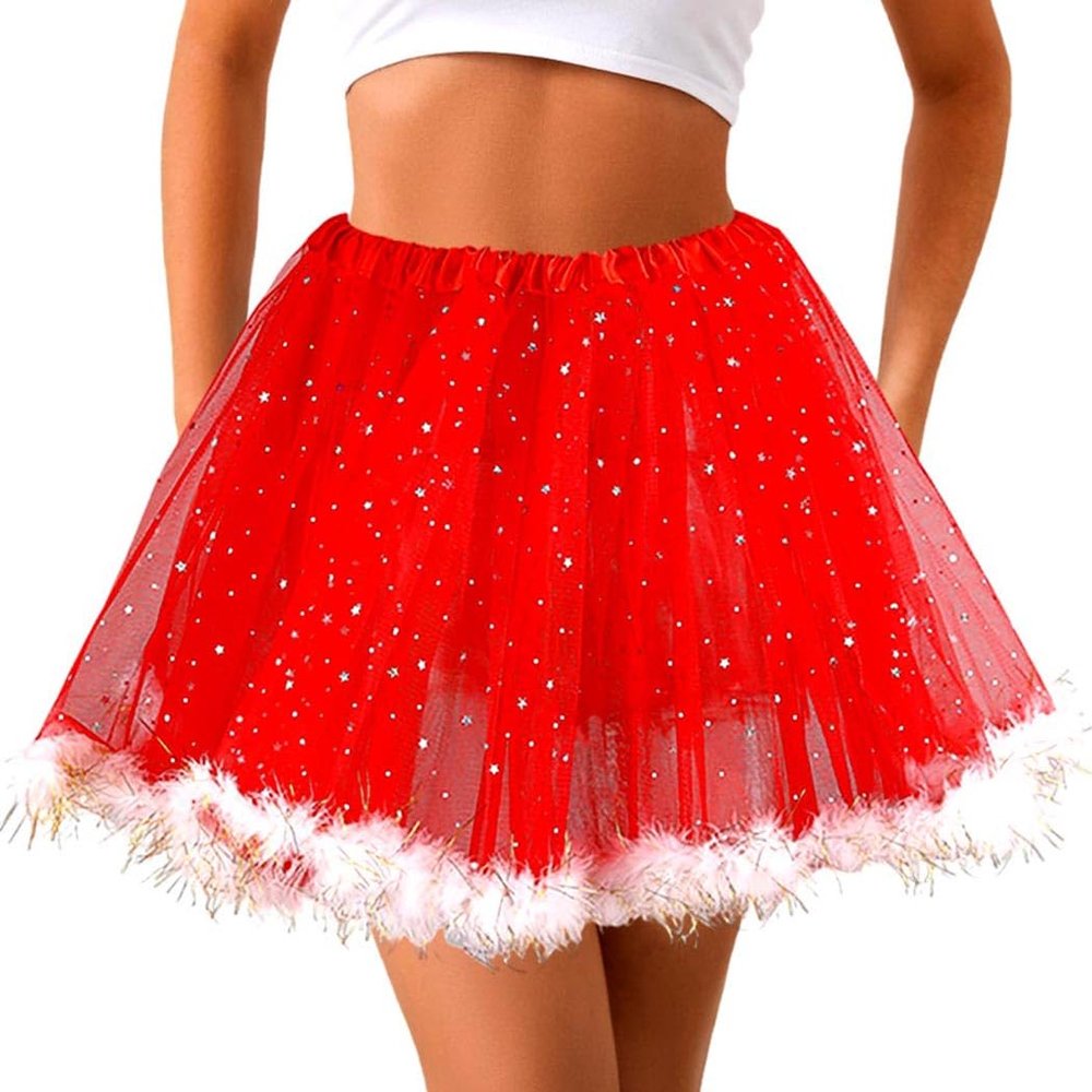 Aiosy Christmas Tutu Skirt Tulle Tutus Women 3 Layered Tutu Skirts Sparkly Stars Skirt Fluffy Edge Tutus Skirts for Women (Red)