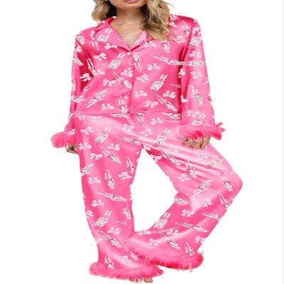 NUFIWI Womens Cozy Pajamas Feather Trim Satin Pajama Set Long Sleeve Button Top Santa Pj 2Piece Lounge Holiday Sleepwear(Nutcrackers Pink,S)