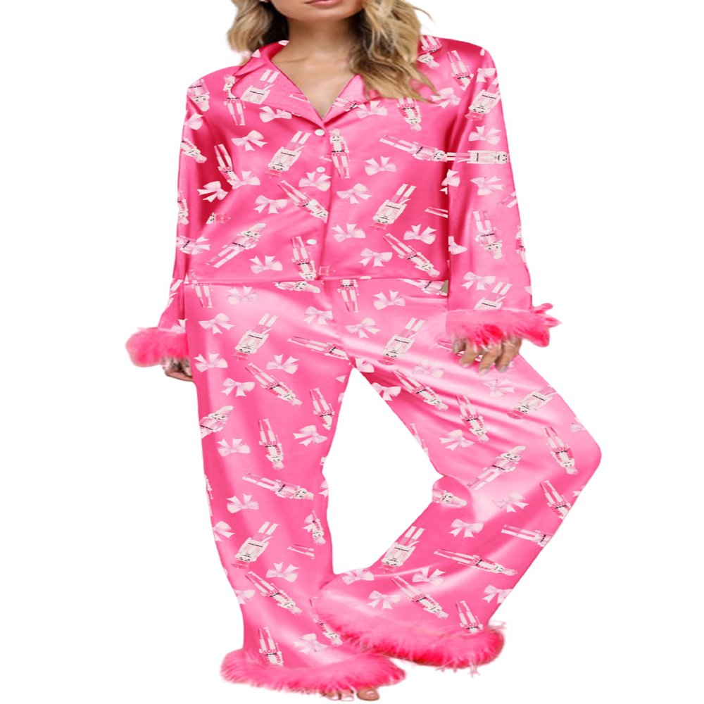 NUFIWI Womens Cozy Pajamas Feather Trim Satin Pajama Set Long Sleeve Button Top Santa Pj 2Piece Lounge Holiday Sleepwear(Nutcrackers Pink,S)
