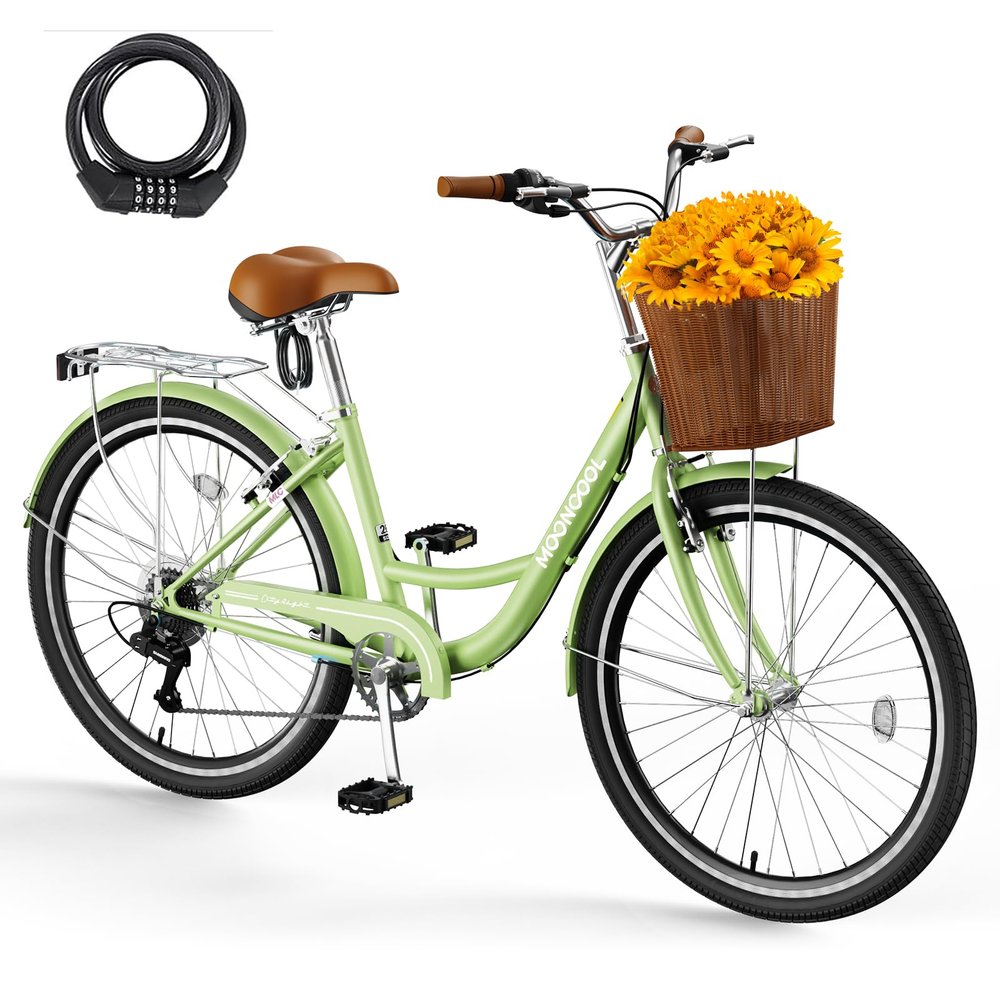 Mosener 26 Inch Women's Bike, 7 Speed Bicycle for Women with Basket & Lock, Beach Complete Cruiser Bike for Women, Womens Commuter Bicycle Lightweight City Bikes for Adults Ladies, Green