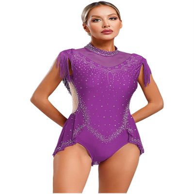Xnihocha Shiny Rhinestones Lyrical Dance Leotard for Women Tassel Skirted Bodysuit for Performance Purple Small