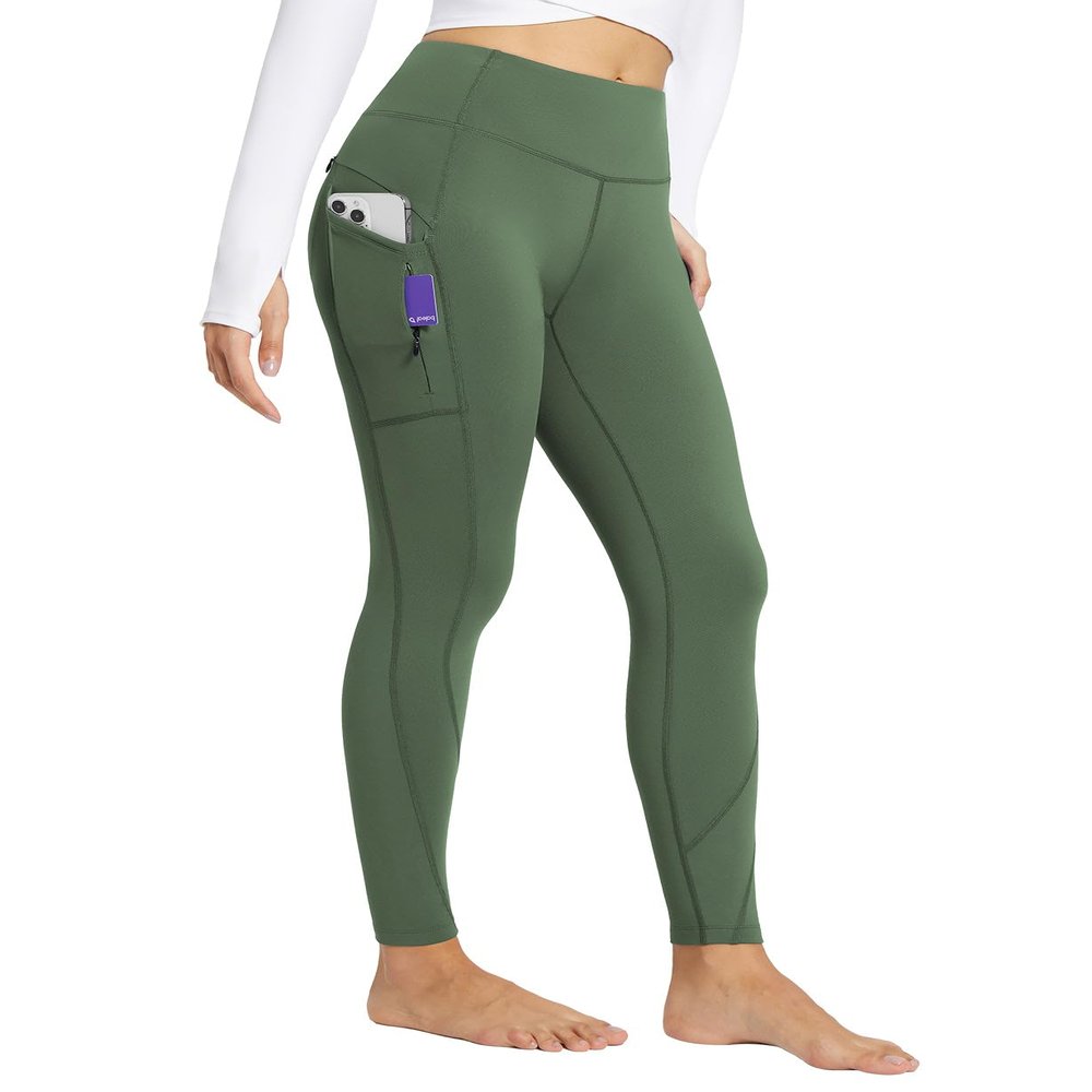 baleaf Women's Fleece Lined Leggings with 5 Pockets, Thermal Warm Winter Tights High Waisted Thick Yoga Pants Cold Gear Army Green XS