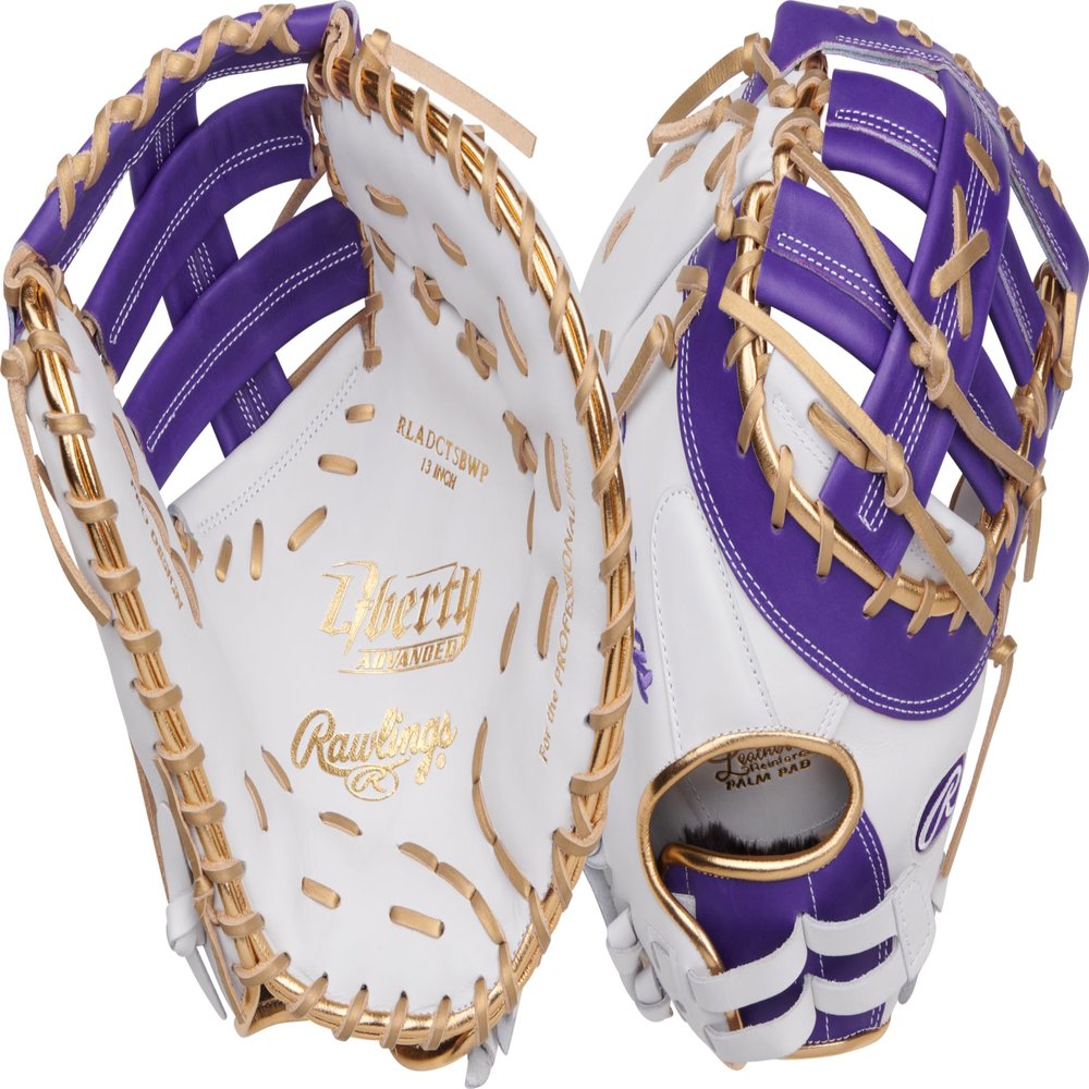 Rawlings | Liberty Advanced ColorSync Fastpitch Softball Glove | Left Hand Throw | 13" | First Base | Single Post, Double-Bar Web | White/Purple/Gold