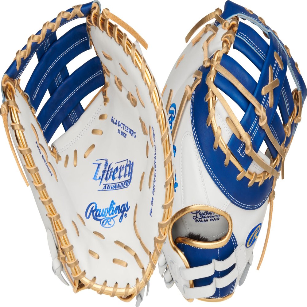 Rawlings | Liberty Advanced ColorSync Fastpitch Softball Glove | Left Hand Throw | 13" | First Base | Single Post, Double-Bar Web | White/Royal/Gold