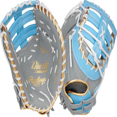 Rawlings | Liberty Advanced ColorSync Fastpitch Softball Glove | Left Hand Throw | 13" | First Base | Single Post, Double-Bar Web | Grey/Columbia Blue/Gold