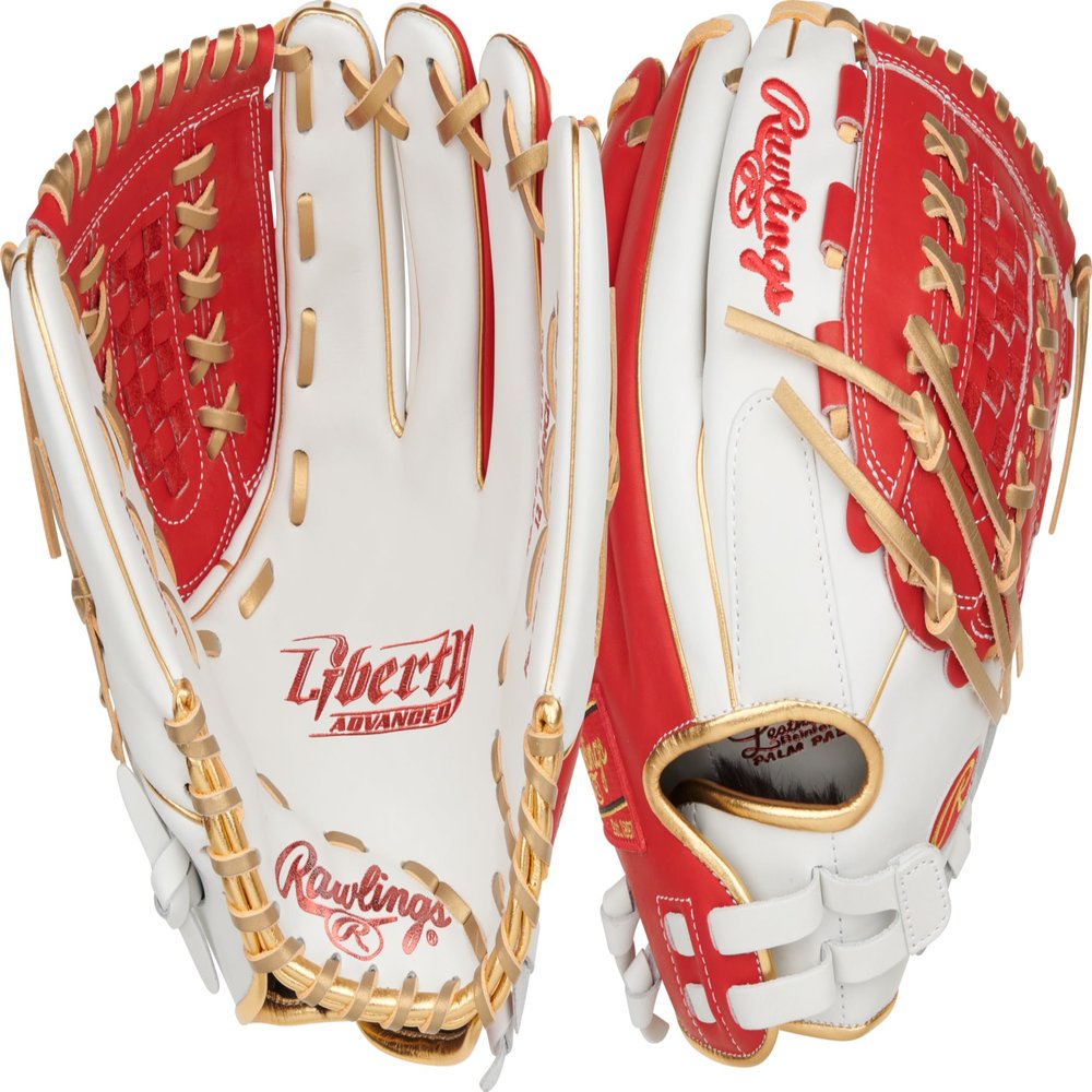 Rawlings | Liberty Advanced ColorSync Fastpitch Softball Glove | Right Hand Throw | 12.5" | Utility | X-Laced Basket Web | White/Scarlet/Gold