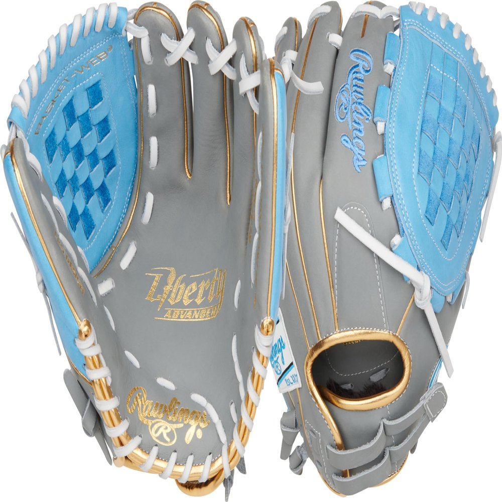 Rawlings | Liberty Advanced ColorSync Fastpitch Softball Glove | Right Hand Throw | 12" | Utility | Basket Web | Grey/Columbia Blue/Gold