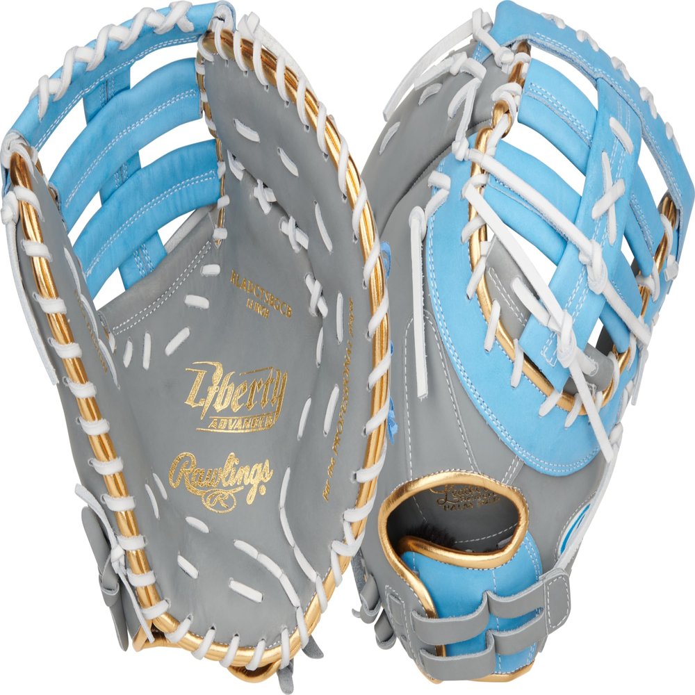Rawlings | Liberty Advanced ColorSync Fastpitch Softball Glove | Right Hand Throw | 13" | First Base | Single Post, Double-Bar Web | Grey/Columbia Blue/Gold