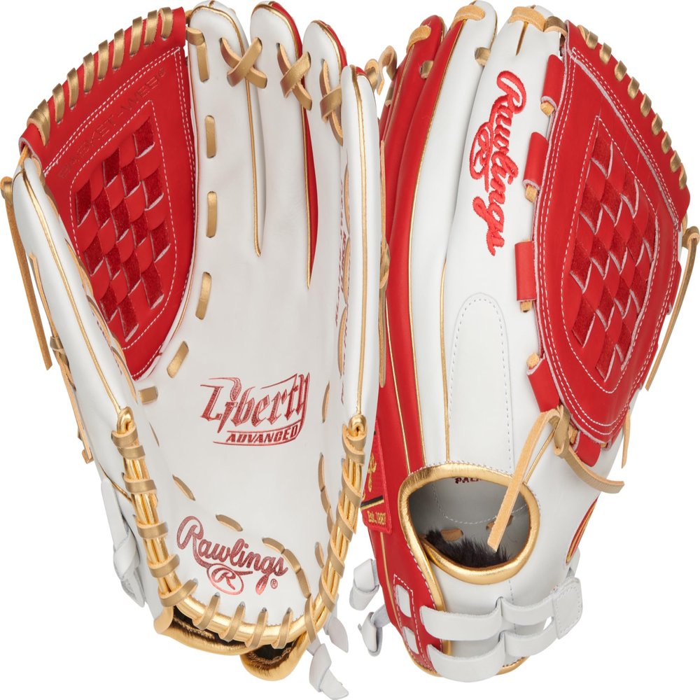 Rawlings | Liberty Advanced ColorSync Fastpitch Softball Glove | Right Hand Throw | 12" | Utility | Basket Web | White/Scarlet/Gold