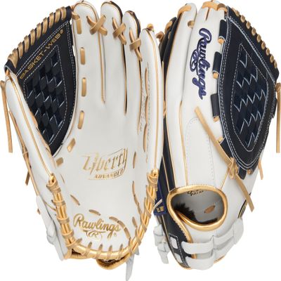 Rawlings | Liberty Advanced ColorSync Fastpitch Softball Glove | Right Hand Throw | 12" | Utility | Basket Web | White/Navy/Gold