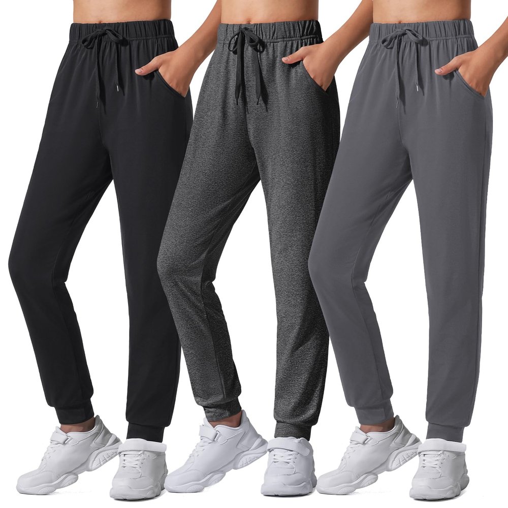 Auranso Girls Joggers 3 Pack Quick Dry Casual Sweatpants Kids Athletic Lounge Joggers Boys Active Running Pants with Pockets 13-14 Years Black Dark-Grey Pure-Grey
