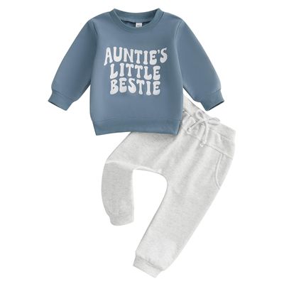 Aunties Bestie Baby Clothes Gender Neutral Baby Boy Girl Long Sleeve Sweatshirt Pullover Pant Fall Solid Color Outfit (M Navy, 12-18 Months)